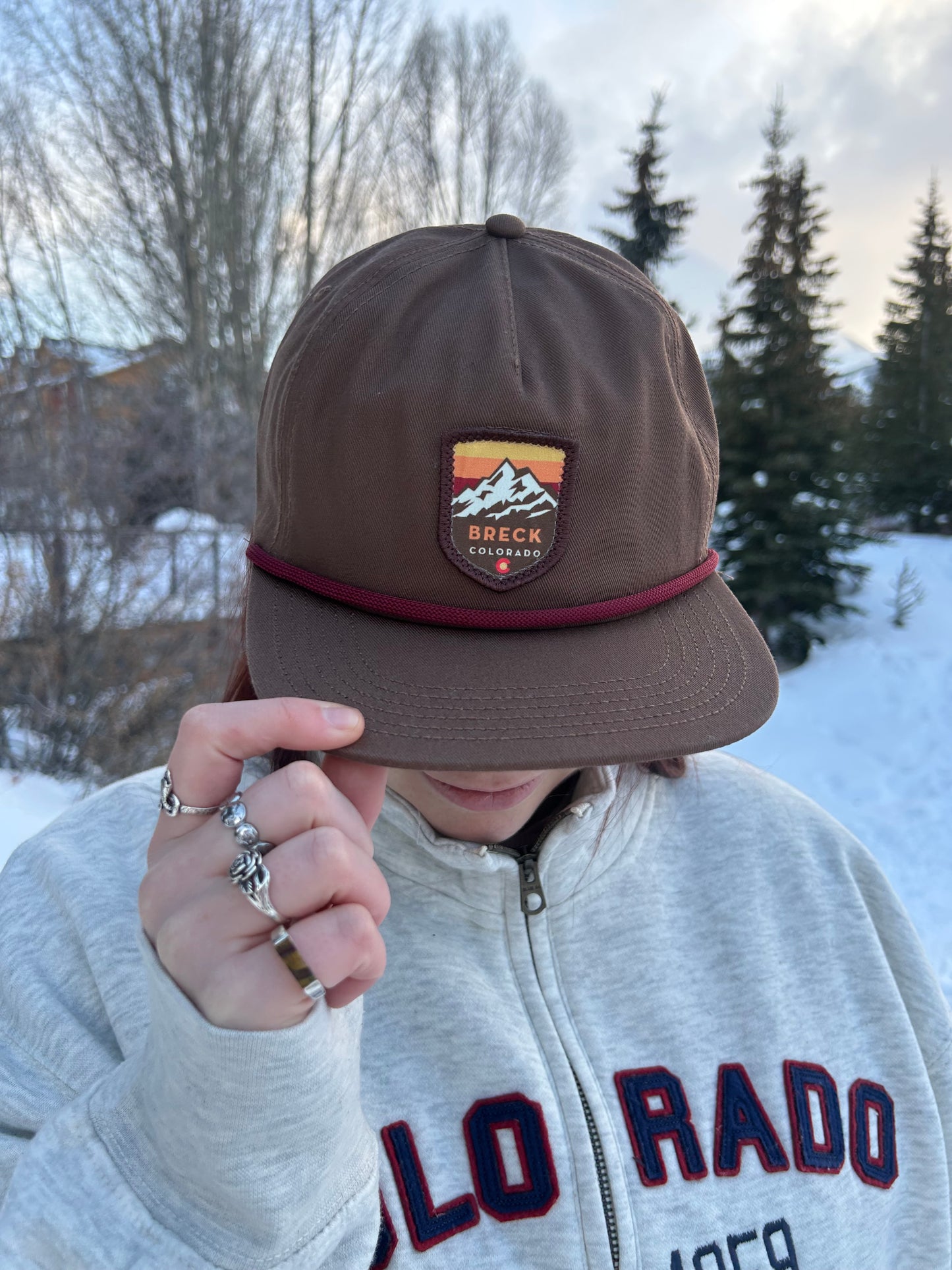 Brown 5 Panel Cap With Burgundy Rope | Brown Breckenridge Flat Brim | Brown Breck Cap | Shop Breckenridge Hat Co