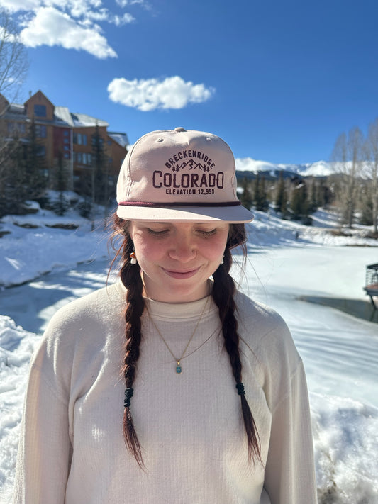 Breck Pale Peach Flat Brim With Maroon Rope | Peach Flat Brim Snap Back Breckenridge | Breck CO Peach Cap | Shop Breck Hat Co