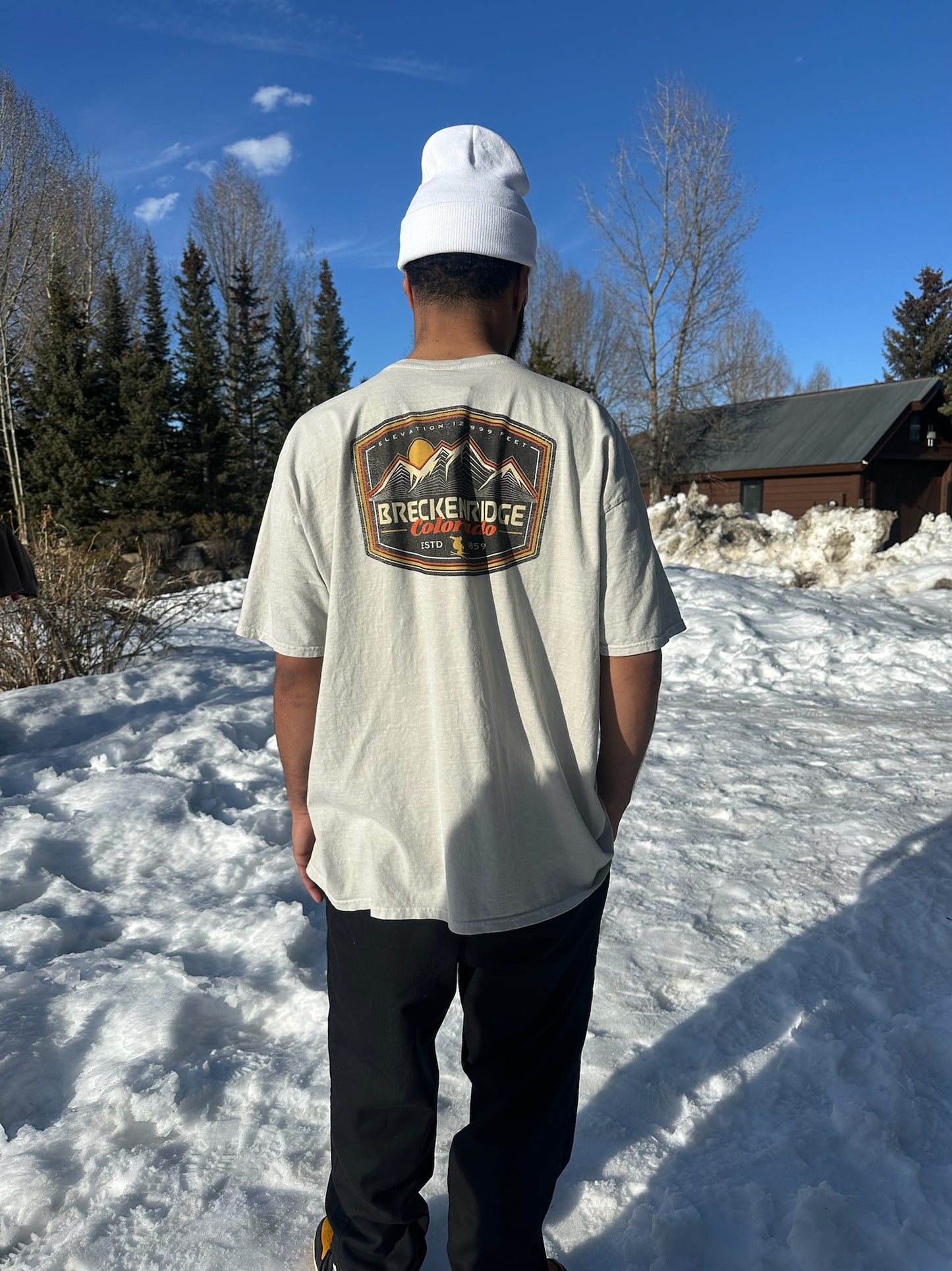 Breck Skier Tee- Cement | Breckenridge Skiing T Shirt | Breck Short Sleeve Tee Cement Color | Light Grey Breckenridge T shirt | Shop Breck Hat Co