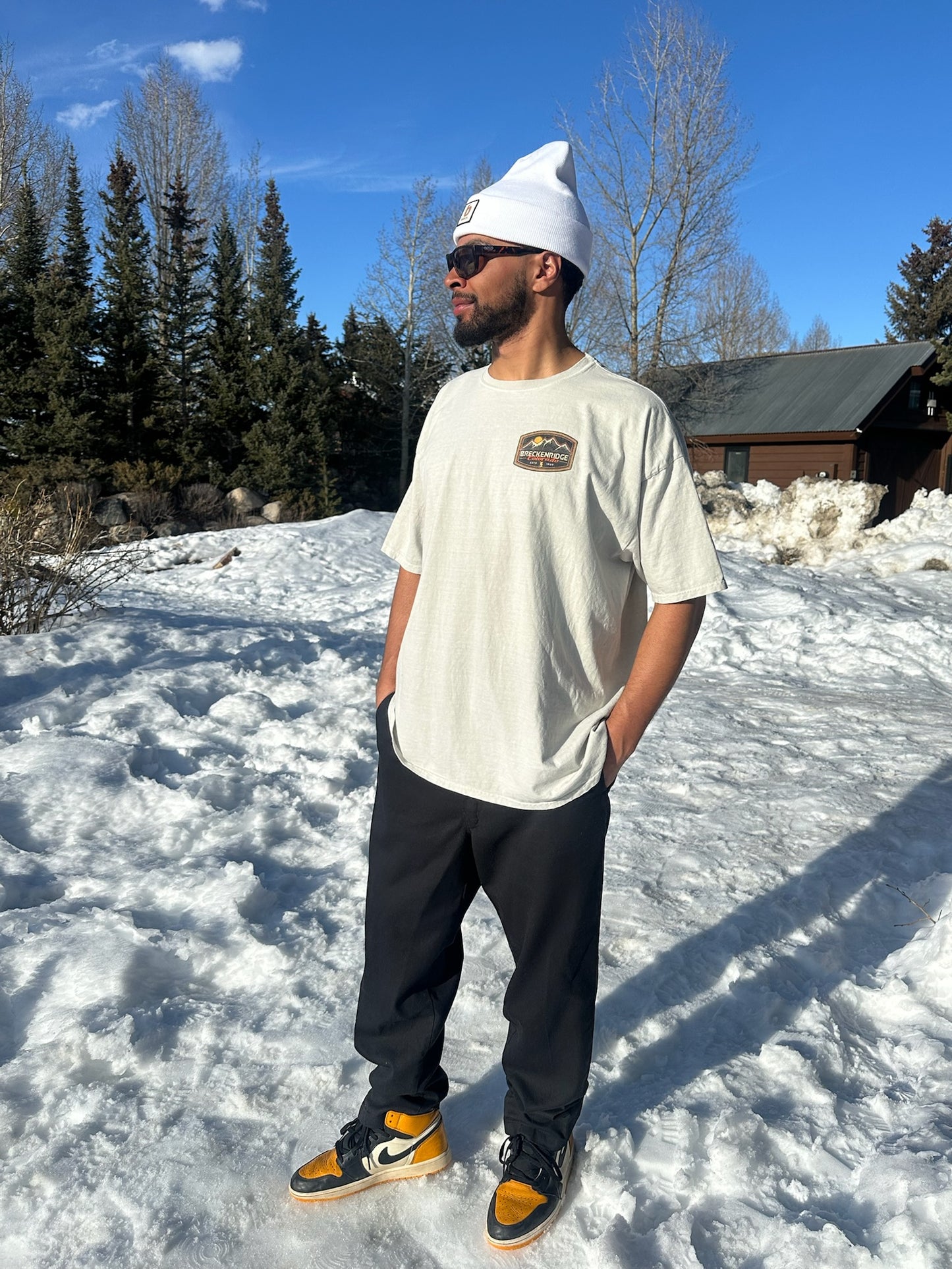 Breck Skier Tee- Cement | Breckenridge Skiing T Shirt | Breck Short Sleeve Tee Cement Color | Light Grey Breckenridge T shirt | Shop Breck Hat Co