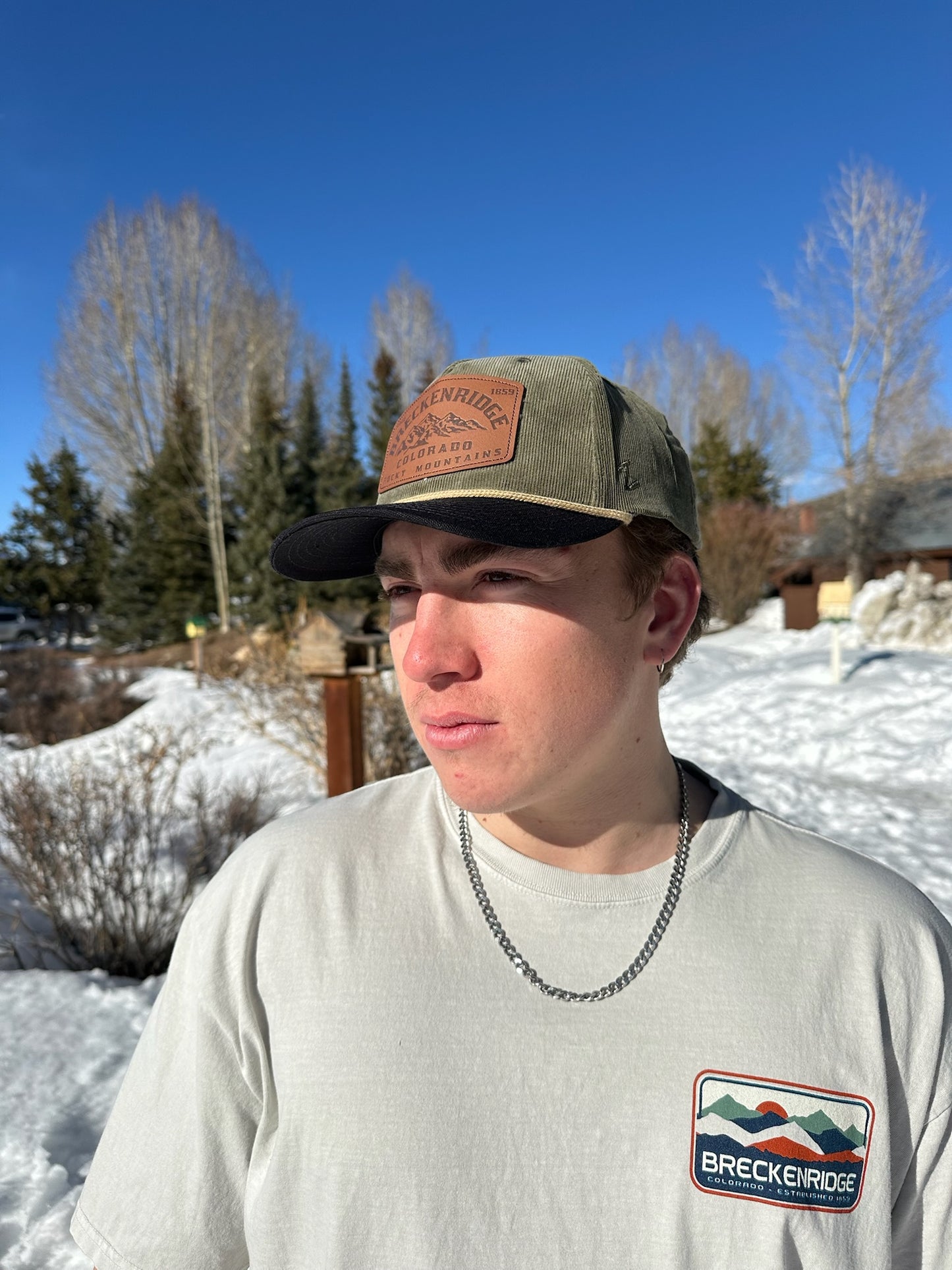 Two Toned Corduroy Cap With Rope- Olive/Black | Breckenridge Olive Corduroy Cap | Two Toned Breckenridge Cap | Leather Breckenridge Patch| Shop Breck Hat Co